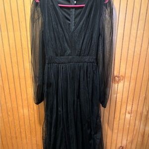 SHEIN Black Long-Sleeve Mesh V-Neck Midi Dress